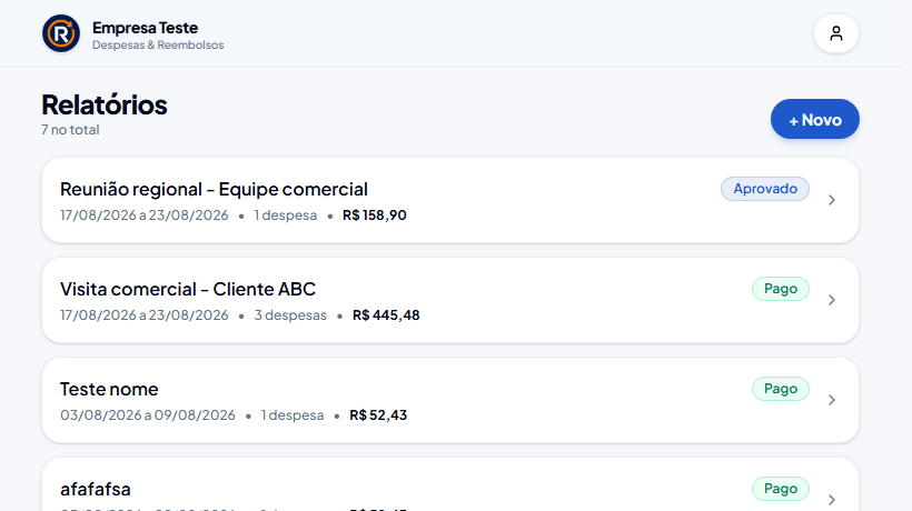 Lista de relatórios de despesas do Reembo com status de aprovação